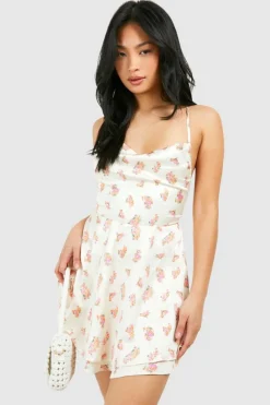Skater Dresses*boohoo Petite Floral Satin Double Hem Skater Dress pink