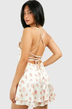 Skater Dresses*boohoo Petite Floral Satin Double Hem Skater Dress pink