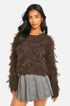 Jumpers|Jumpers & Cardigans*boohoo Petite Fringe Detail Crop Knitted Jumper chocolate
