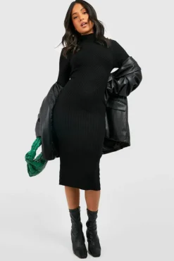 Midi Dresses|Jumper Dresses*boohoo Petite High Neck Rib Knit Midi Dress black