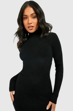 Midi Dresses|Jumper Dresses*boohoo Petite High Neck Rib Knit Midi Dress black