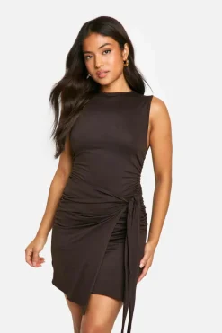 Wrap Dresses*boohoo Petite High Neck Sleeveless Wrap Mini Dress chocolate