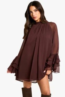 Smock Dresses*boohoo Petite High Neck Volume Sleeve Chiffon Smock Dress plum