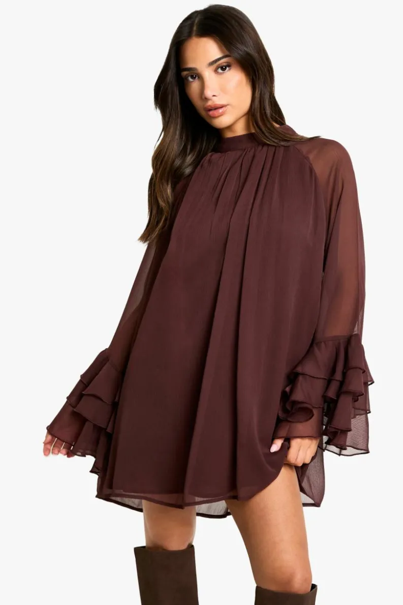 Smock Dresses*boohoo Petite High Neck Volume Sleeve Chiffon Smock Dress plum