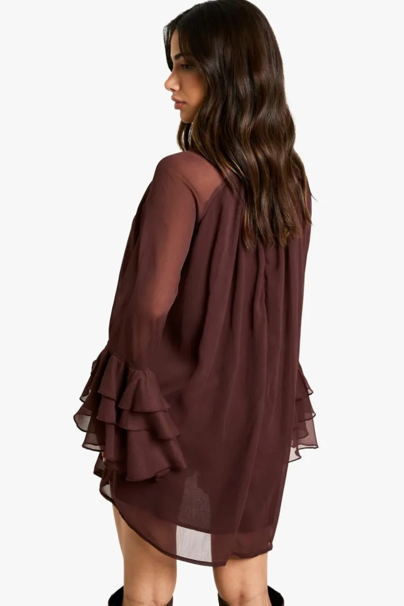 Smock Dresses*boohoo Petite High Neck Volume Sleeve Chiffon Smock Dress plum