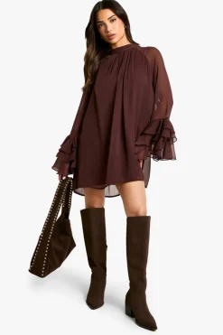 Smock Dresses*boohoo Petite High Neck Volume Sleeve Chiffon Smock Dress plum