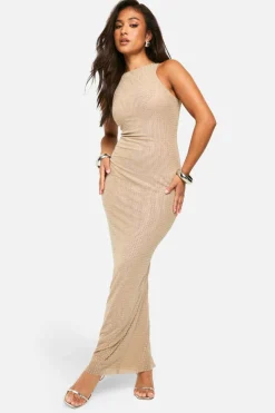 Bodycon Dresses*boohoo Petite Hotfix Diamante Racer Neck Maxi Dress nude