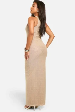 Bodycon Dresses*boohoo Petite Hotfix Diamante Racer Neck Maxi Dress nude
