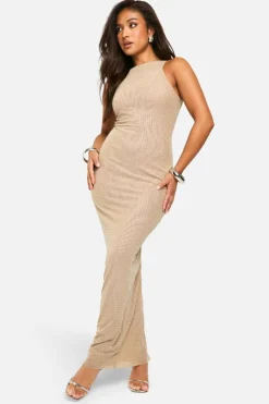 Bodycon Dresses*boohoo Petite Hotfix Diamante Racer Neck Maxi Dress nude