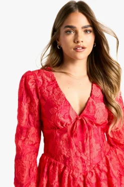 Skater Dresses*boohoo Petite Jacquard Floral Corset Detail Skater Dress red