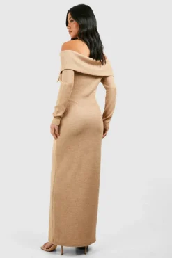 Jumper Dresses|Jumper Dresses*boohoo Petite Knitted Bardot Keyhole Maxi Dress camel