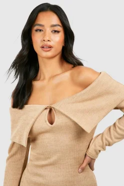 Jumper Dresses|Jumper Dresses*boohoo Petite Knitted Bardot Keyhole Maxi Dress camel