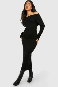 Jumper Dresses|Jumper Dresses*boohoo Petite Knitted Bardot Midaxi Dress black