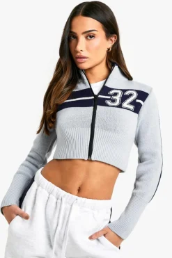Cardigans*boohoo Petite Knitted Stripe Detail Zip Though Crop Cardigan grey