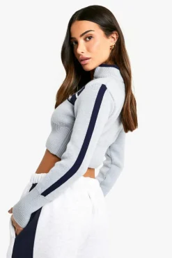 Cardigans*boohoo Petite Knitted Stripe Detail Zip Though Crop Cardigan grey