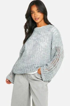 Oversized Jumpers*boohoo Petite Laddered Boucle Oversized Jumper grey