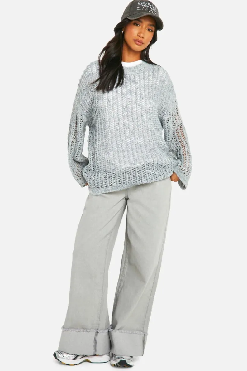 Oversized Jumpers*boohoo Petite Laddered Boucle Oversized Jumper grey