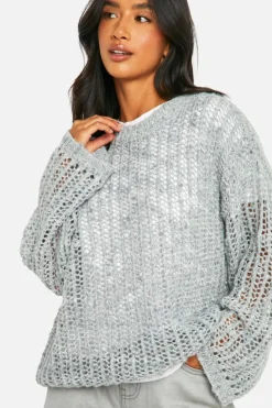 Oversized Jumpers*boohoo Petite Laddered Boucle Oversized Jumper grey