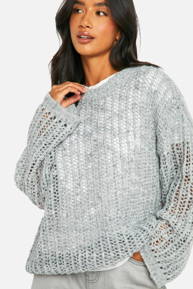 Oversized Jumpers*boohoo Petite Laddered Boucle Oversized Jumper grey
