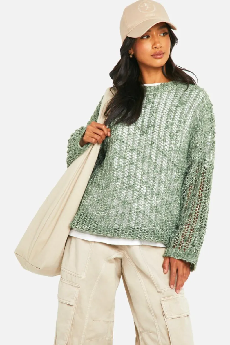 Oversized Jumpers*boohoo Petite Laddered Boucle Oversized Jumper khaki