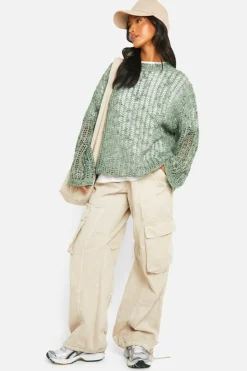 Oversized Jumpers*boohoo Petite Laddered Boucle Oversized Jumper khaki
