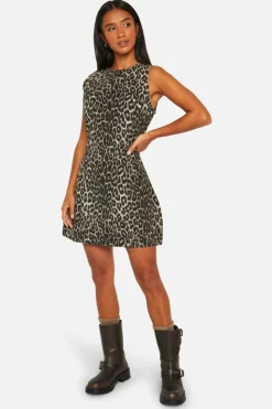 Mini Dresses|Denim*boohoo Petite Leopard Denim Mini Dress animal