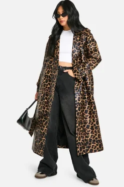 Up To 80% Off Winter Warmers|Trench Coats*boohoo Petite Faux Leather Trench Coat leopard