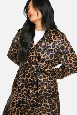 Up To 80% Off Winter Warmers|Trench Coats*boohoo Petite Faux Leather Trench Coat leopard
