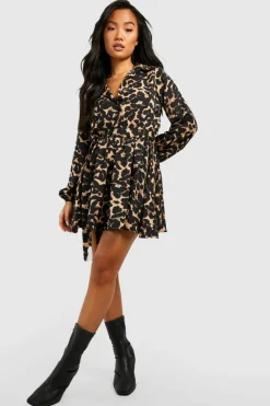 Shirt Dresses*boohoo Petite Leopard Print Skater Shirt Dress black
