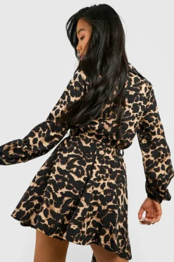 Shirt Dresses*boohoo Petite Leopard Print Skater Shirt Dress black