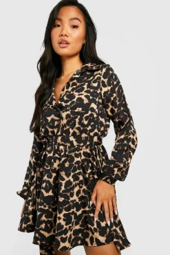 Shirt Dresses*boohoo Petite Leopard Print Skater Shirt Dress black