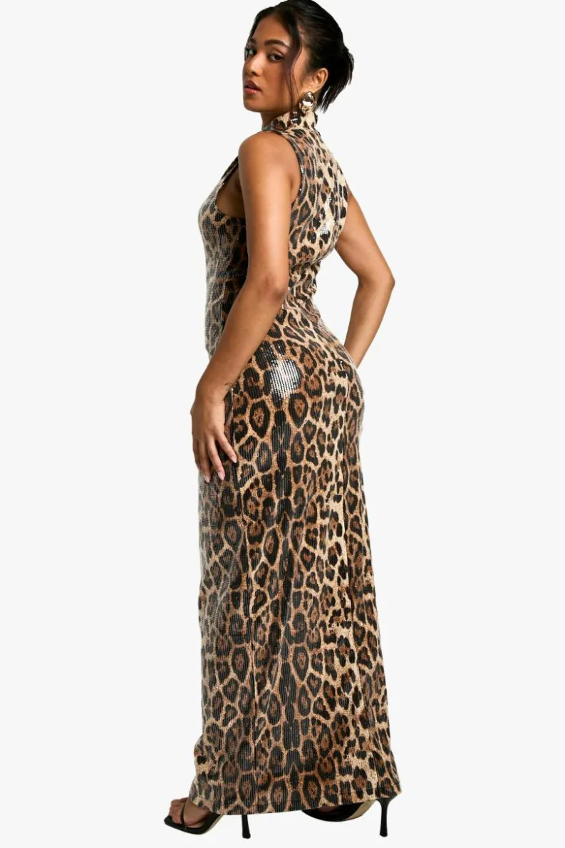 Maxi Dresses*boohoo Petite Sequin Racer Neck Maxi Dress leopard