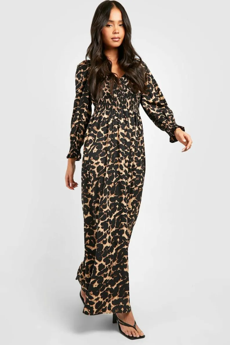 Skater Dresses*boohoo Petite Leopard Shirred Detail Maxi Dress black