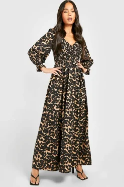 Skater Dresses*boohoo Petite Leopard Shirred Detail Maxi Dress black
