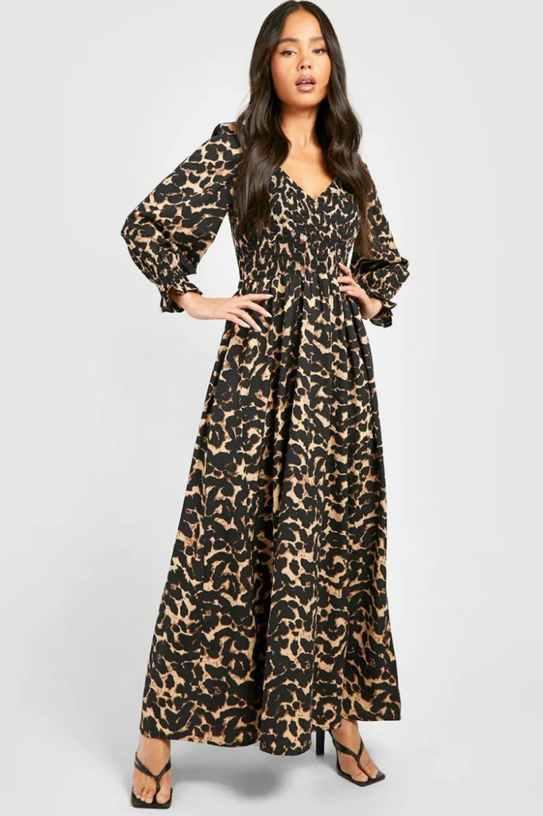 Skater Dresses*boohoo Petite Leopard Shirred Detail Maxi Dress black
