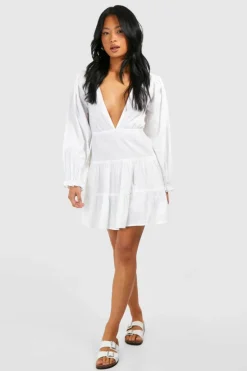 Smock Dresses*boohoo Petite Linen Look Tiered Smock Dress ivory