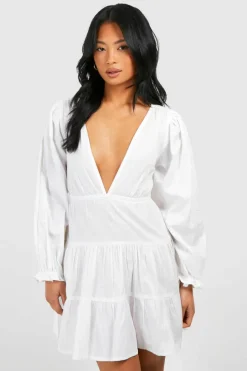 Smock Dresses*boohoo Petite Linen Look Tiered Smock Dress ivory