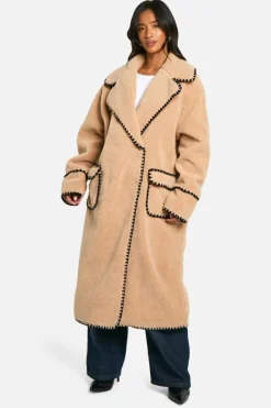 Up To 80% Off Winter Warmers|Teddy Jackets*boohoo Petite Longline Blanket Stitch Teddy Jacket beige