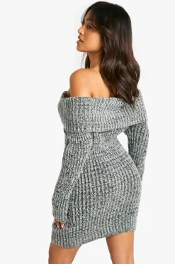 Jumper Dresses|Jumper Dresses*boohoo Petite Marl Boucle Knit Bardot Jumper Dress black