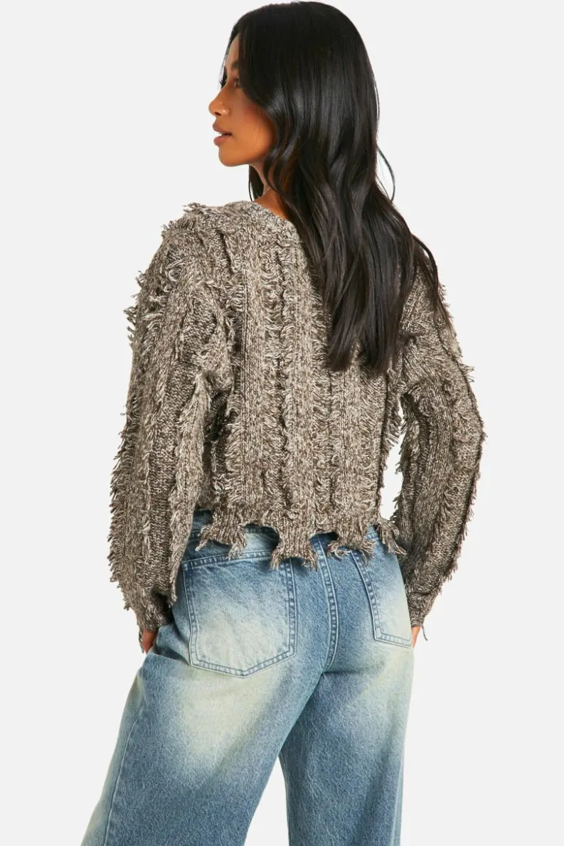 Jumpers|Jumpers & Cardigans*boohoo Petite Marl Frayed Hem Crop Knitted Jumper brown