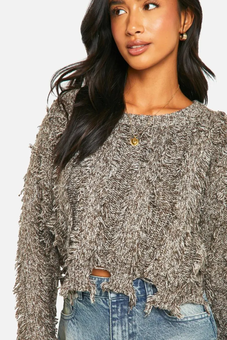 Jumpers|Jumpers & Cardigans*boohoo Petite Marl Frayed Hem Crop Knitted Jumper brown