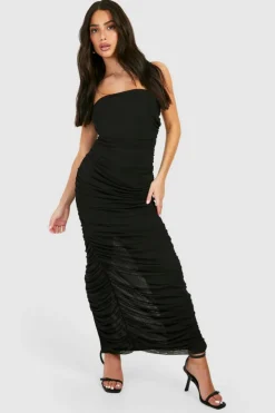 Bodycon Dresses*boohoo Petite Mesh Bandeau Ruched Maxi Dress black