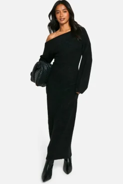 Maxi Dresses|Jumper Dresses*boohoo Petite Off The Shoulder Borg Knitted Maxi Dress black
