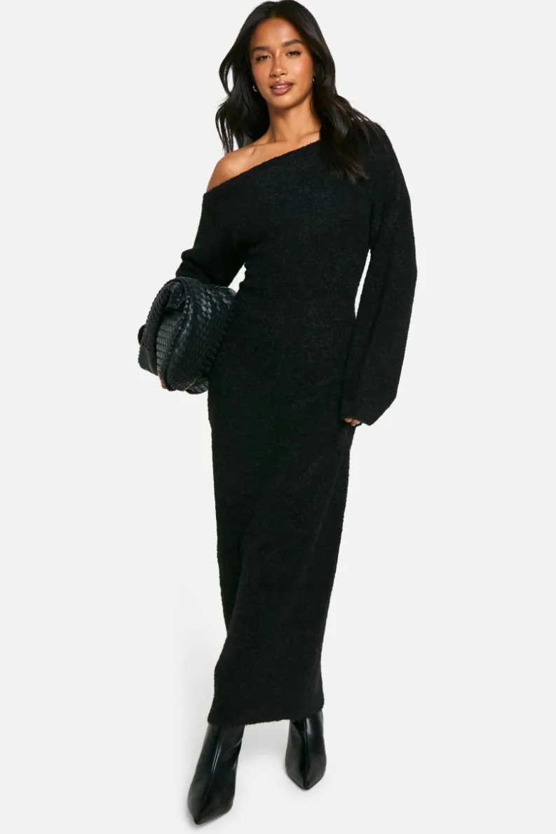 Maxi Dresses|Jumper Dresses*boohoo Petite Off The Shoulder Borg Knitted Maxi Dress black