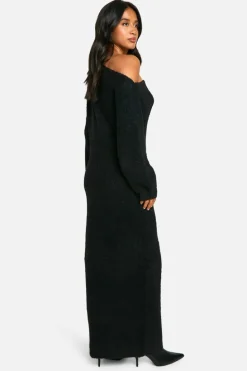 Maxi Dresses|Jumper Dresses*boohoo Petite Off The Shoulder Borg Knitted Maxi Dress black