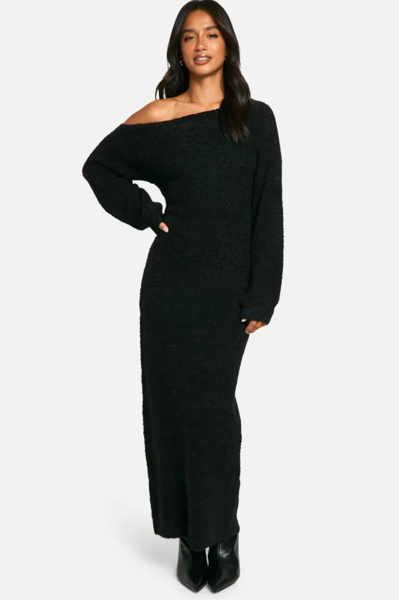 Maxi Dresses|Jumper Dresses*boohoo Petite Off The Shoulder Borg Knitted Maxi Dress black