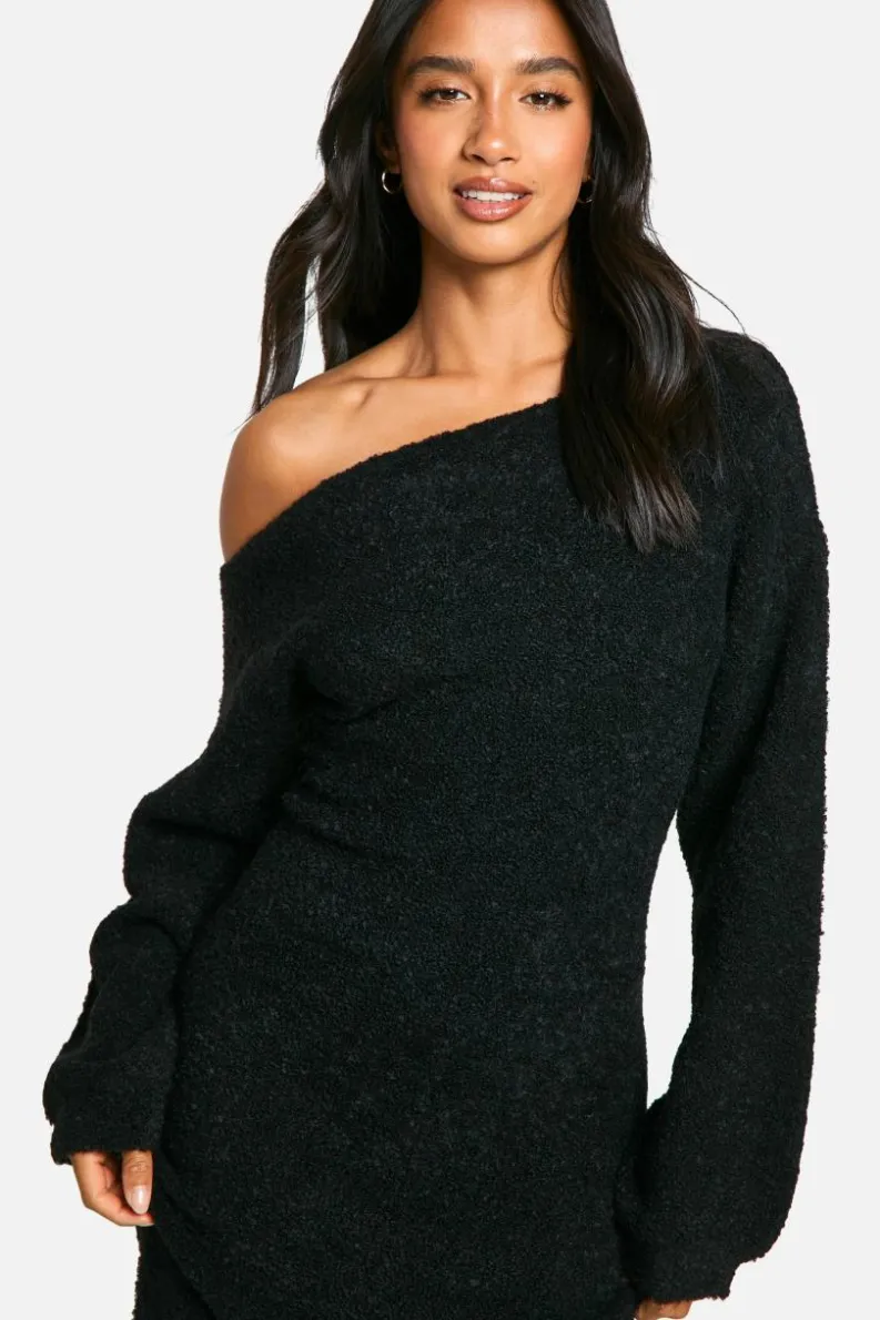 Maxi Dresses|Jumper Dresses*boohoo Petite Off The Shoulder Borg Knitted Maxi Dress black