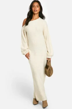 Jumper Dresses|Jumper Dresses*boohoo Petite Off The Shoulder Borg Knitted Maxi Dress cream