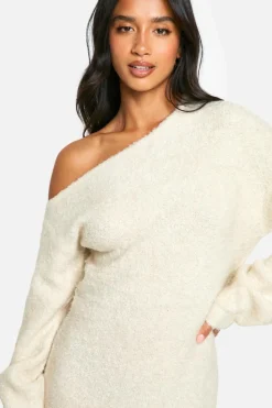 Jumper Dresses|Jumper Dresses*boohoo Petite Off The Shoulder Borg Knitted Maxi Dress cream
