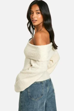 Jumpers|Jumpers & Cardigans*boohoo Petite Off The Shoulder Borg Knit Jumper cream